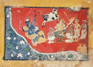 Kryszna pokonuje demona nad rzeką, ok. 1560 (nieprzezroczysta toaleta na papierze) autorstwa Indian School