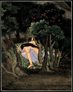 Krishna enlace par Radha (Krishna przytulony przez Radhę) - sztuka indyjska, gwasz na papierze, ok. 1775 autorstwa Indian School