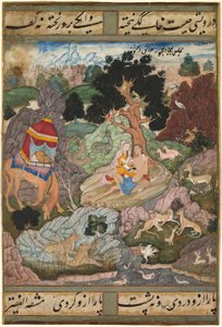 Layla i Majnun w dziczy ze zwierzętami, z Khamsy (kwintetu) Amira Khusrau Dihlavi, ok. 1930 r. 1590-1600 (nieprzezroczysta akwarela, tusz i złoto na papierze) autorstwa Indian School