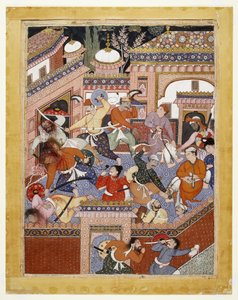 Prowadzeni przez Songhura Balkhiego i Lulu Szpiega, Ayyars podcięli gardła strażnikom więziennym i uwolnili Saida Farrukha-Nizhada, 1557 - 1572 (nieprzezroczysta akwarela i złoto na bawełnianej tkaninie) autorstwa Indian School