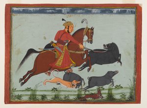Maharaja Pratap Singh II z Mewar Hunting Boar, ok. 1750-75 (akwarela, złoto i srebro na papierze) autorstwa Indian School