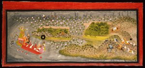 Maharana Jagat Singh II sokolnik i polowanie na dzika, ok. 1740 (nieprzezroczyste w/c, srebro i złoto na papierze, zamontowane na stronie albumu) autorstwa Indian School