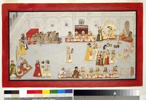 Maharana Sangram Singh ze swoimi dziećmi i dworzanami, ok. 1715 (nieprzezroczysta toaleta i złoto na papierze, zamontowane na stronie albumu) autorstwa Indian School