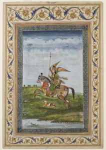 Miniatura przedstawiająca scenę uskrzydlonej postaci na koniu, prawdopodobnie szkoła Delhi, Mughal, Indie, pocz. XIX w. (akwarela i złocenia na papierze)