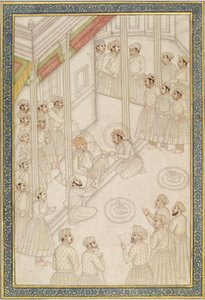 Cesarz Mogołów Akbar Holding Court podczas ostatniej choroby, połowa XVIII wieku (liść albumu; pigment ze złotem na polerowanym papierze) autorstwa Indian School