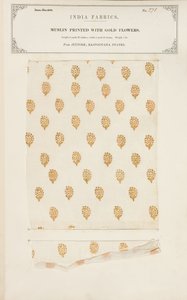 Próbka muślinu wydrukowana złotymi kwiatami z Jeypore w stanach Rajpootana, z The Collection of the Textile Manufacturers of India, Johna Forbesa Watsona, opublikowana w 1866 roku autorstwa Indian School