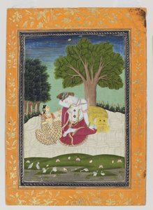 Parvati oferuje kubek Shivie, ok. 1800 (nieprzezroczysta toaleta i złoto na papierze) autorstwa Indian School