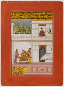Patamanjari Ragini, Strona z rozproszonej serii Ragamala, początek XVIII w. (nieprzezroczyste wc i złoto na papierze) autorstwa Indian School