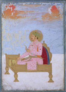 Portret cesarza Jahangira (1569-1627) siedzącego na tronie trzymającego sarapesh, Mogołów, ok. 1720-40 autorstwa Indian School