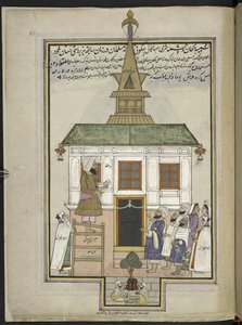 Kaznodzieja i wierni w drewnianym meczecie Shah Hamadana, Srinagar, pierwotnie sanktuarium Mahakali Bhagwati,  86 rysunków oprawionych w tom przedstawiający zawody i zawody w Kaszmirze, pokazani przy pracy rzemieślników z narzędziami i sprzętem autorstwa Indian School