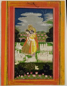 Radha i Krishna obejmują się w wyidealizowanym krajobrazie z krowami, ok. 1780 (nieprzezroczysta toaleta na papierze) autorstwa Indian School