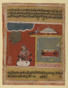 Radha tęskniąca za ukochaną, strona z datowanej serii Rasikapriya, 1634 (nieprzezroczysta toaleta i złoto na papierze) autorstwa Indian School