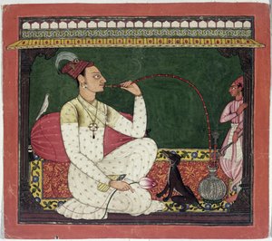 Raja Medini Pal, zainspirowany rzekami w postaciach Takri Bilauria Medini Pal, Basohli, Himachal Pradesh, Pahari School, 1735 autorstwa Indian School