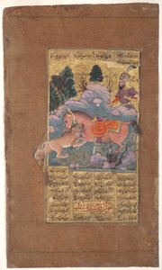 Rakhsh walczy z lwem, by chronić Rustama, ok. 1610 (nieprzezroczysta toaleta i złoto na papierze) autorstwa Indian School