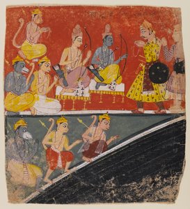Rama i Lakszmana przyjmują posłów, strona z rozproszonej serii Ramajany, ok. 1634 (wc na papierze) autorstwa Indian School