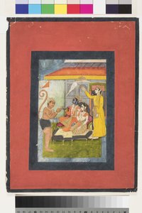 Rama i Sita na tronie, adorowani przez Hanumana; Lakszmana trzyma morchal, ok. 1780 (nieprzezroczysta toaleta i złoto na papierze) autorstwa Indian School