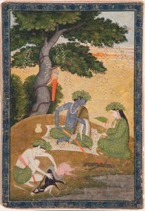 Rama, z Sitą i Lakszmaną w lesie, z Ramajany, ok. 1790 (nieprzezroczysta toaleta i złoto na papierze) autorstwa Indian School