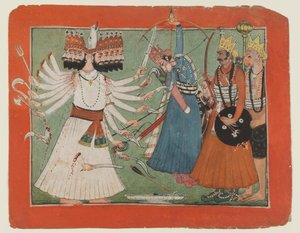 Rawana rzuca wyzwanie armii Ramy, ok. 1750 r. (nieprzezroczysta akwarela na papierze) autorstwa Indian School