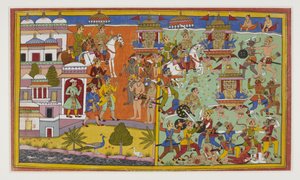 Ravana pokonuje króla Anaranyę, który przepowiada mu śmierć z rąk Ramy. autorstwa Indian School
