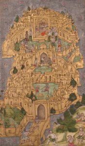 Złota cytadela Ravanas na Lance, ok. 1610 (nieprzezroczyste wc i złoto na papierze) autorstwa Indian School