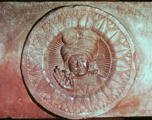 Relief przedstawiający kwiat lotosu z głową mężczyzny, ze stupy buddyjskiej z Bharhut, Madhya Pradesh, późny okres mauriański, dynastia Sunga (180-72 pne)