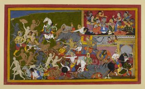Rāma i Lakṣmaṇa zabijają demony, gdy żeńskie tytanki opłakują, przypominając sobie przepowiednię autorstwa Indian School