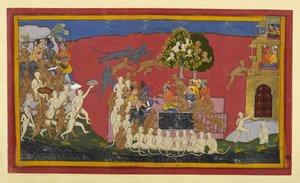 Rāma wysyła Aṅgada, by rzucił wyzwanie Rāvaṇa, gdy małpy zbliżają się do Laṅkā. autorstwa Indian School