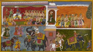 Rāma wysyła dworzan, by zbadali pogłoski o Sītā, a oni odjeżdżają konno i na słoniach autorstwa Indian School