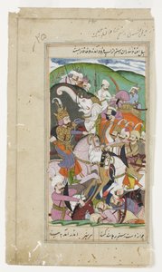 Rustam chwyta chińskiego Khaqana na lasso i wyciąga go ze swojego białego słonia, ok. 1790 (nieprzezroczysta akwarela i złoto) autorstwa Indian School