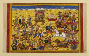 Rāvaṇa walczy z Nivātakavacasami przez rok, dopóki Brahma nie interweniuje i nie zawierają pokoju. autorstwa Indian School