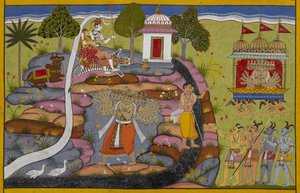 Rāvaṇa dosiada rydwanu Puṣpaka, a następnie podnosi i potrząsa górą Kailāsa, by rzucić wyzwanie Śivie autorstwa Indian School