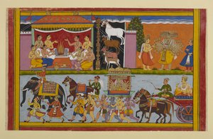 Rāvaṇa odwiedza Nikumbhilę, gdzie Meghanāda składa ofiary dla mocy iluzji autorstwa Indian School