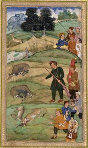 Salim, trzymający karabin, pokazuje martwego nilgai, ok. 1600 (nieprzezroczysta toaleta i złoto na papierze) autorstwa Indian School