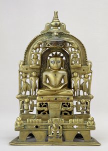 Siedzący wizerunek Jain Tirthankara Kuntanatha, Vasantagarh, południowy Radżastan, 1476 (mosiądz z miedzianymi i srebrnymi inkrustacjami) autorstwa Indian School