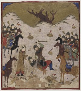 Shahru identyfikuje Burzu jako wnuka Rustama podczas ostatecznej walki między Rustamem i Burzu, ok. 1425-50 (nieprzezroczysta akwarela i złoto na papierze autorstwa Indian School