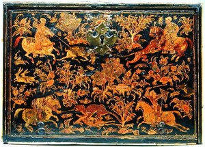 Bok sekretarzyka z przedstawieniem polowania szlachciców, XVII w. (drewno lakierowane) autorstwa Indian School