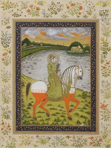 Cesarz Muhammad Szach, konny, na polu łowieckim, ok. 1750 (nieprzezroczysta toaleta i złoto na papierze) autorstwa Indian School
