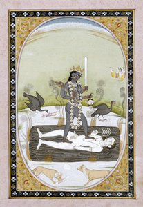 Bogini Kali reprezentowana na obrazie Kangra, Himachal Pradesh, ok. 1820-5 (nieprzezroczysta akwarela i złota farba na papierze) autorstwa Indian School