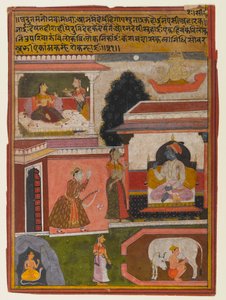 Bohaterka, której pragnienia są jawne, strona z serii Rasikapriya, ok. 1660-1690 (nieprzezroczysta toaleta i złoto na papierze) autorstwa Indian School