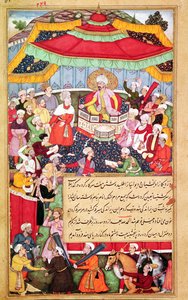 Król na tronie w otoczeniu dworzan, z Baburnama (Wspomnienia Babura) 1530 autorstwa Indian School