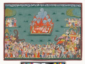 Sati z Ramabai, żona Madhavrao Peshwy, ok.1772-75 (akwarela i złoto na papierze) autorstwa Indian School