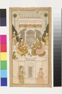 Sułtan Golkondy, Quli Qutb Shah, siedzący ze swoim małżonkiem, 1700-25 (nieprzezroczysta toaleta i złoto na papierze) autorstwa Indian School
