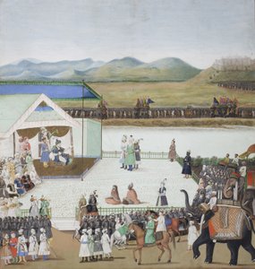 Turecki sułtan Bajazyd sprowadzony do niewoli przed Timurem, ok. 1850 (nieprzezroczysta toaleta i złoto na papierze) autorstwa Indian School