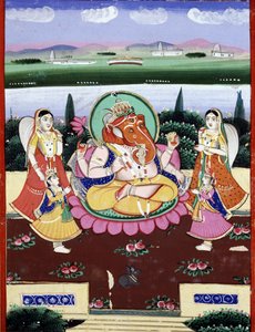 Bóstwo Ganesha (Ganesh lub Ganapati), córka Śiwy i Parwati. Popularny druk indyjski z XIX wieku. autorstwa Indian School