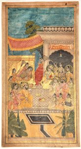 Ślub Tany Shah podczas ceremonii Jalwa, 1679 (nieprzezroczysta toaleta i złoto na papierze) autorstwa Indian School