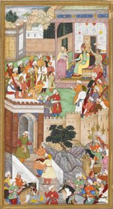 Młody Akbar przedstawiony Humayunowi (cesarzowi Indii z dynastii Mogołów) w Kabulu autorstwa Indian School