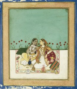 Dwie kobiety na tarasie, po 1700 (wc nieprzezroczyste i złoto na papierze) autorstwa Indian School