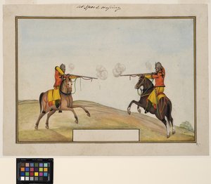 Dwaj konni żołnierze wymieniający się ogniem karabinowym, ok. 1830 (nieprzezroczysta akwarela i złoto na papierze) autorstwa Indian School
