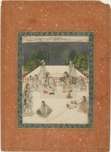 Dwie kobiety siedzące na tarasie, otoczone sługami i muzykami, ok. 1650 r. (nieprzezroczysta toaleta i złoto na papierze) autorstwa Indian School
