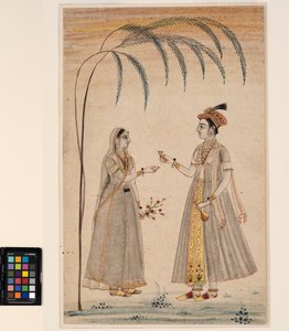 Dwie kobiety pod drzewem, ok. 1750 (nieprzezroczysta akwarela i złoto na papierze) autorstwa Indian School
